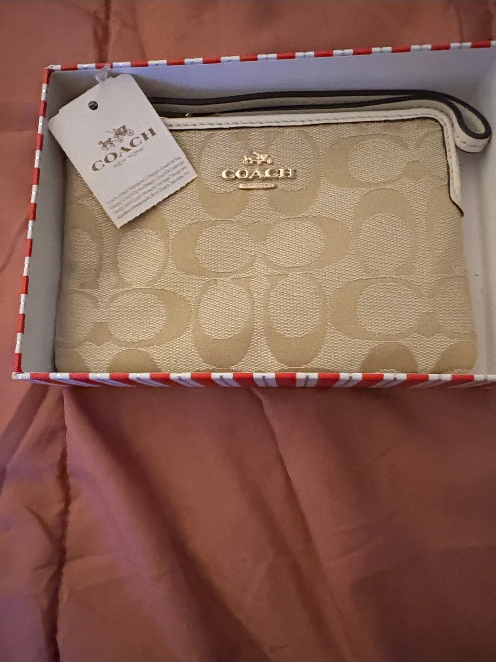 Coach Beige Signature Zip Wristlet with Gold Hardware
